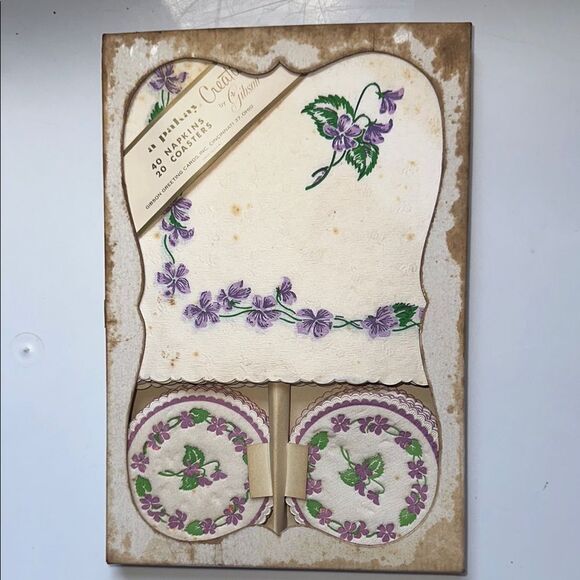 Vintage Gibson Violets 40 Paper Napkins & 20 Paper Coasters packaged boxed set - Picture 1 of 6
